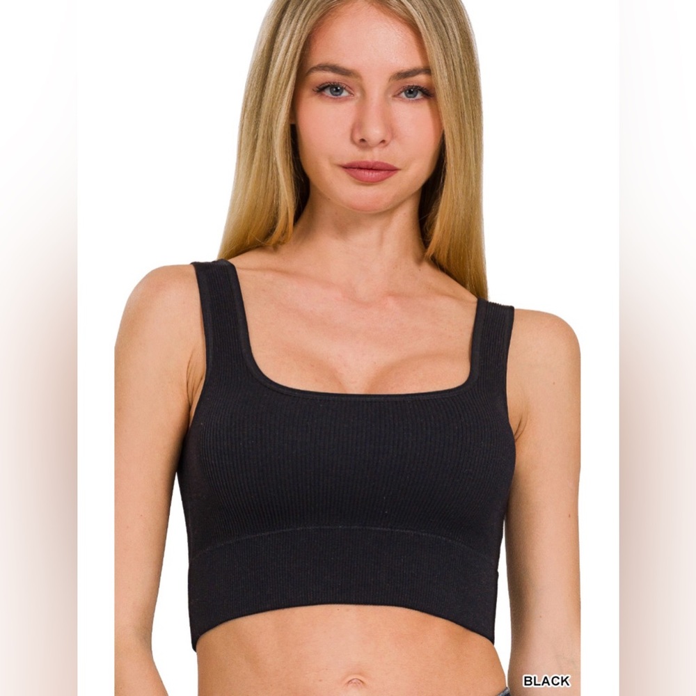 Zenana Outfitters Black Ribbed Square Neck Tank Crop Top